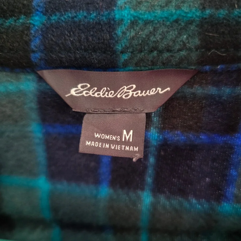 Eddie Bauer‎ Womens Microfleece Button Up Shirt Plaid Teal Navy Blue Medium M